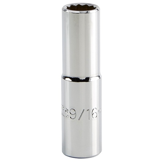 Photo of PROTO J5318H chrome deep socket, 9/16 inch size, showing twelve-point opening, upright on white background.