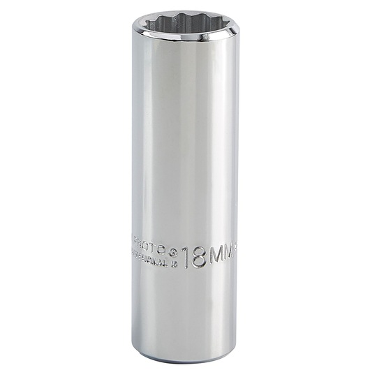 PROTO J5318M chrome 18mm deep socket, cylindrical with twelve-point opening, front angle on white background.
