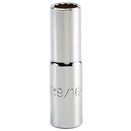 PROTO J5318 chrome 9/16-inch deep socket, front angle, white background, photography of tool.