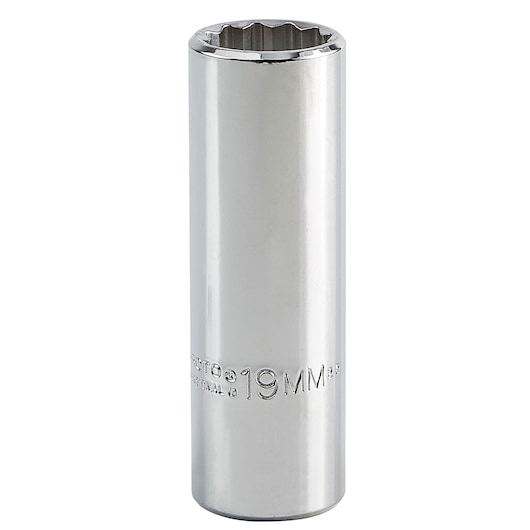 PROTO J5319M chrome finish 19mm deep socket, front angle on white background, hand tool.