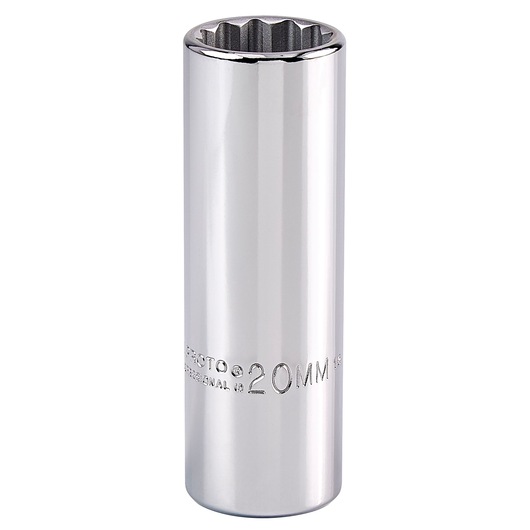 PROTO J5320M chrome 20mm deep socket, front angle, on white background.