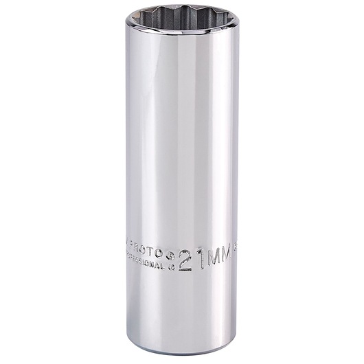 PROTO J5321M chrome 21mm deep socket, cylindrical shape, viewed upright on white background.