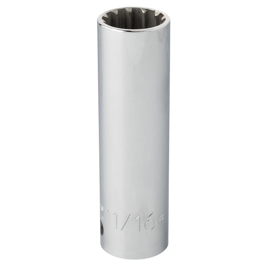 PROTO J5322DPL chrome deep socket, 12-point, 11/16 inch, vertical angle, white background.