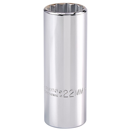 PROTO J5322M chrome socket, 22mm, deep well, vertical angle on white background.