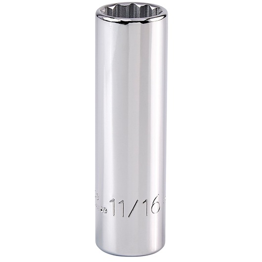 PROTO J5322 chrome long 12-point socket, 11/16 inch, product front angle on white background.