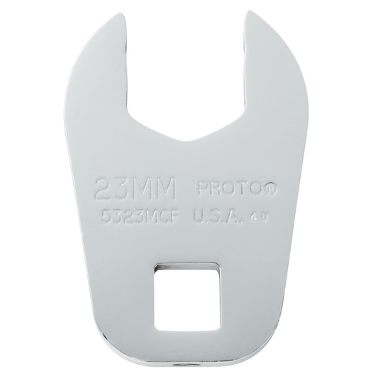 PROTO J5323MCF open-end crowfoot wrench, 23mm, chrome finish, top view on white background.