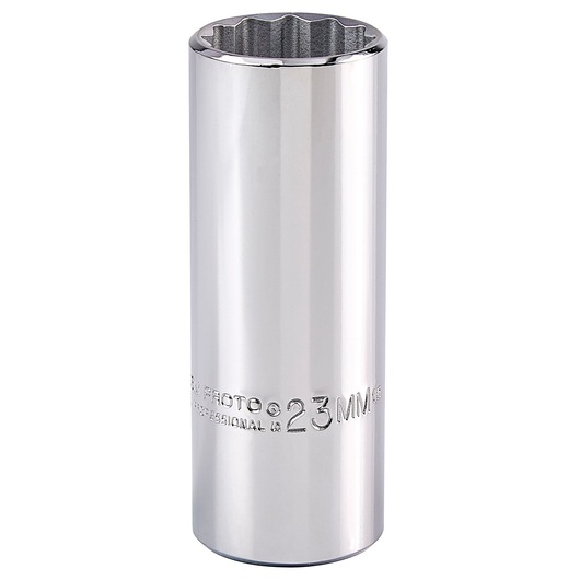 Photo of PROTO J5323M chrome deep socket, 23mm, shown upright on white background.