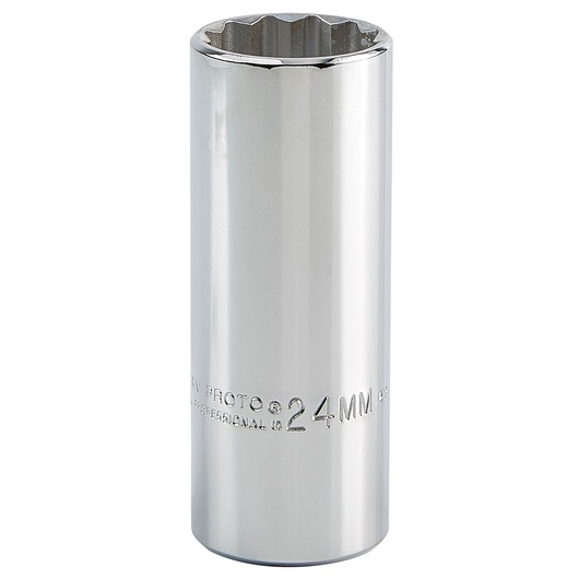 Photo of PROTO J5324M chrome 24mm deep socket, twelve-point, vertical angle on white background.