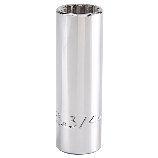 Photo of PROTO J5324 chrome deep socket, 3/4 inch, twelve-point, vertical angle, white background.