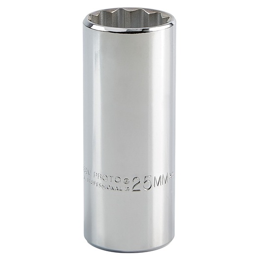 PROTO J5325M chrome deep socket, 25mm size, shown upright on white background.