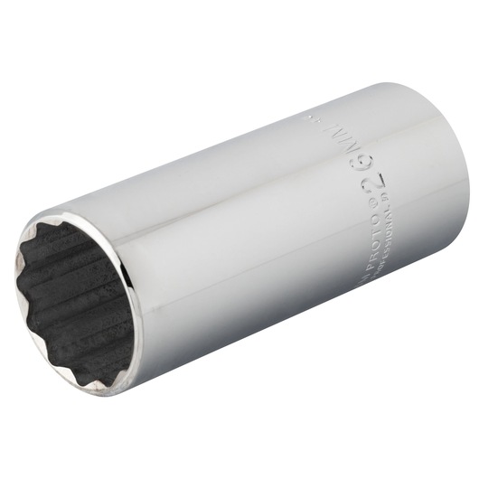 PROTO J5326M chrome finish 12-point deep socket, side angle on white background.