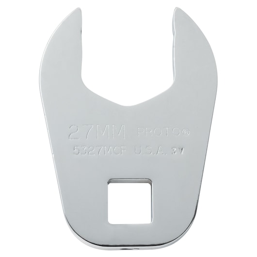 Photo of PROTO J5327MCF 27mm open-end crowfoot wrench, chrome finish, product front view on white background.
