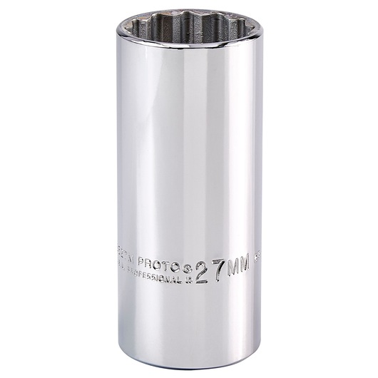 PROTO J5327M chrome deep socket 12-point, 27mm, shown upright on white background, photography.