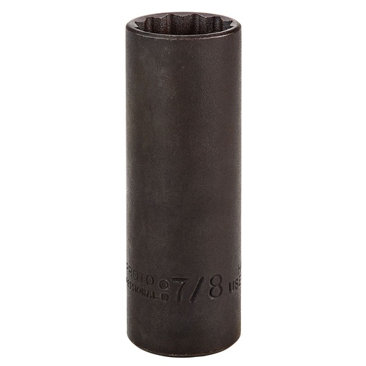 PROTO J5328B deep 12-point impact socket, black finish, upright angle, white background.