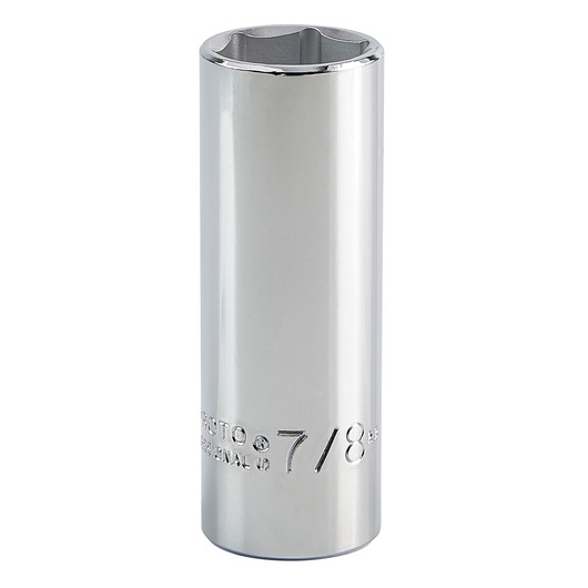 PROTO J5328H chrome deep socket, 7/8 inch size, front angle on white background.