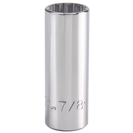 Photo of PROTO J5328 chrome deep socket, 7/8 inch, tool upright on white background.