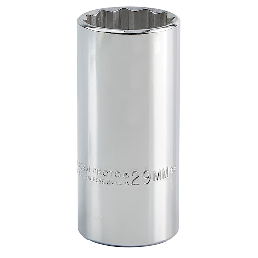 PROTO J5329M 29mm chrome deep socket, twelve-point, shown upright on white background.