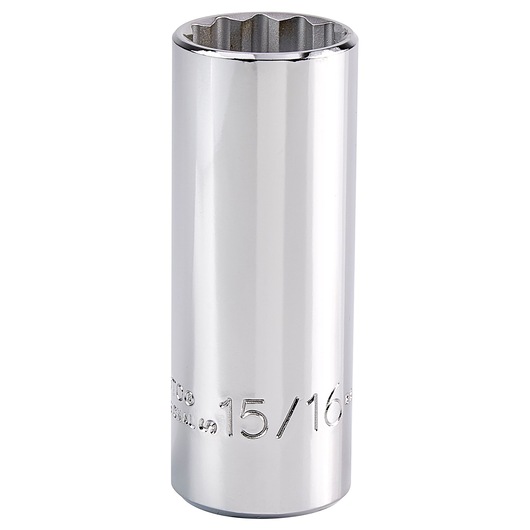 PROTO J5330 chrome deep socket, 15/16 inch, 12-point, vertical angle on white background.