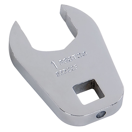 PROTO J5332CF chrome open end crowfoot wrench, close-up angled view on white background.
