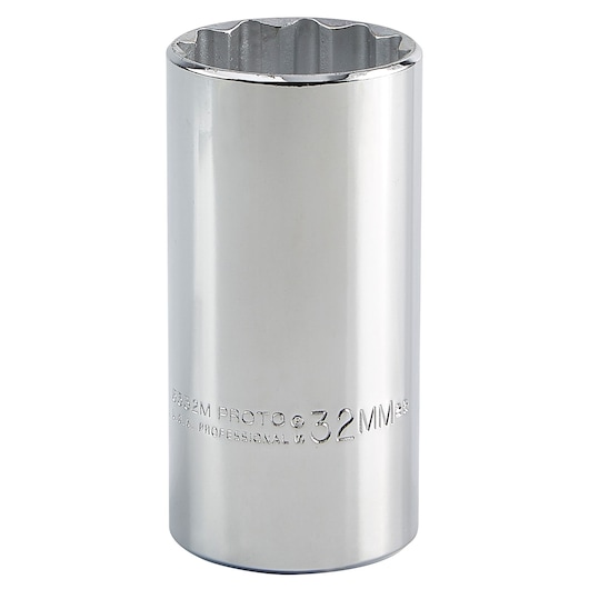 PROTO J5332M chrome deep socket, 32mm, vertical front angle on white background.