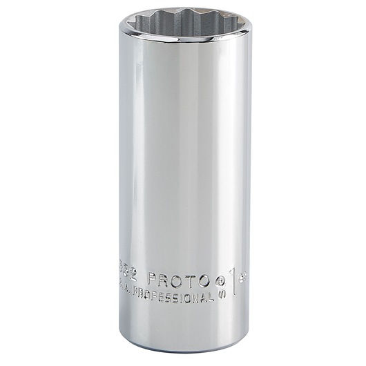 Photo of PROTO J5332 chrome deep socket, 12-point, cylindrical, front angle on white background.