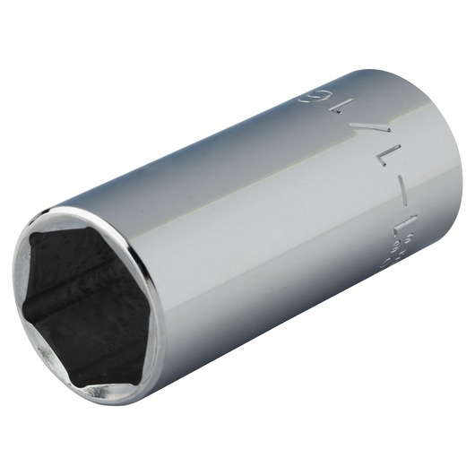 PROTO J5334H chrome socket, 6-point, cylindrical with engraved size markings, side angle on white background.