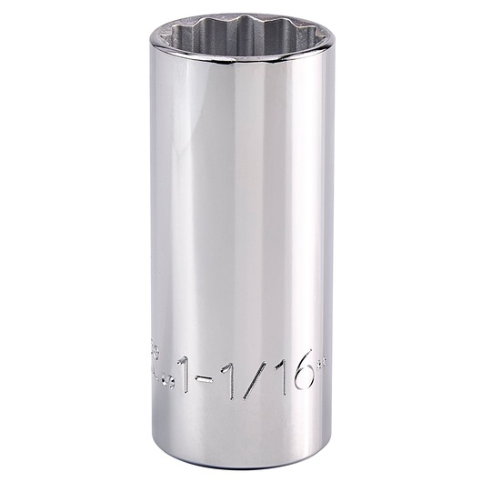 PROTO J5334 chrome long 12-point socket, 1-1/16 inch, front angle on white background.