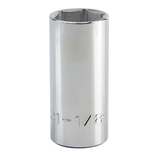 PROTO J5336H chrome deep socket, engraved size 1-1/8 inch, upright front angle, white background.