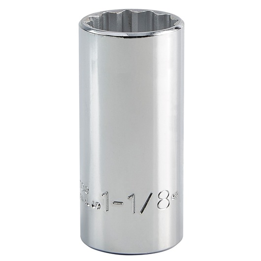 PROTO J5336 chrome deep socket, 1-1/8 inch, 12-point, vertical angle on white background.