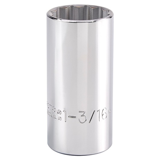 PROTO J5338 chrome 12-point deep socket, 1-3/16 inch size, photographed upright on white background.