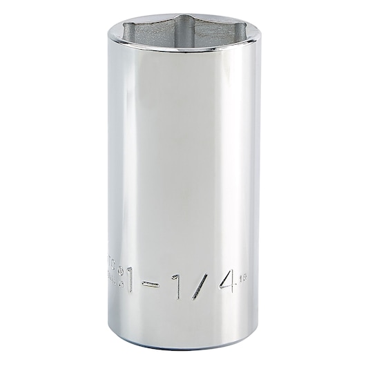 PROTO J5340H chrome 6-point deep socket, 1-1/4 inch, shown upright on white background.
