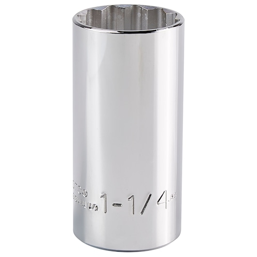 PROTO J5340 chrome deep socket with 12-point design, side angle on white background.