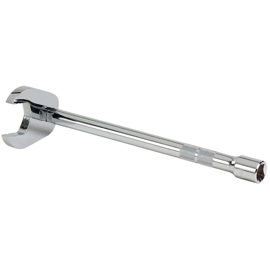 Photo of a PROTO J5348CF chrome crowfoot socket wrench with knurled handle, side angle on white background.