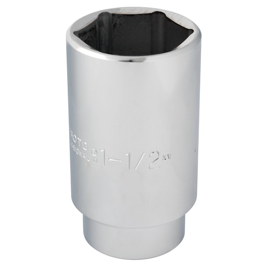 PROTO J5348H chrome deep socket, 1-1/2 inch size, shown at an angle on white background.