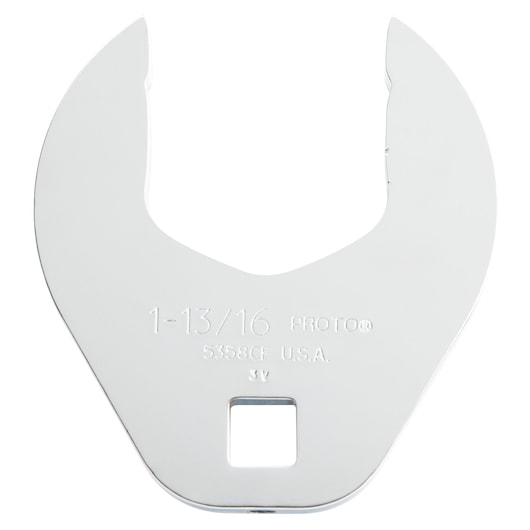 PROTO J5358CF large open-end crowfoot wrench head, polished silver, photography, front view on white background.