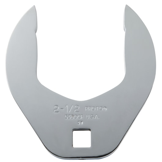 PROTO J5380CF large chrome crowfoot wrench on white background, top view, engraved size markings visible.