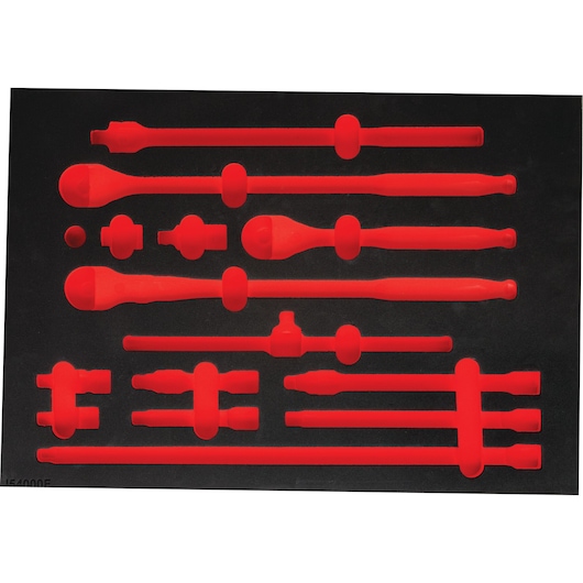 PROTO J54000F black foam tray with red cutouts for organizing ratchets, extension bars, and adapters, top view.