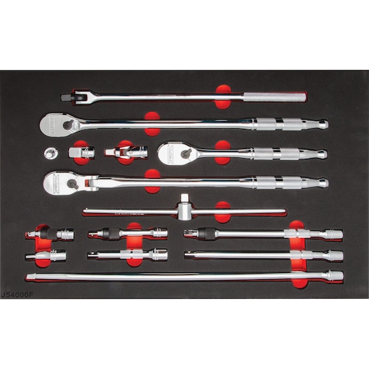 PROTO J54000K chrome ratchet and extension set, top view on black tray with red highlights.