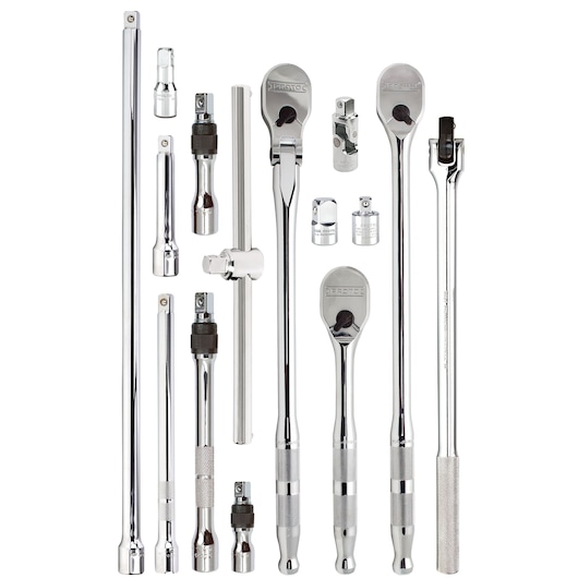 PROTO J54000S chrome socket accessory set, photography, overhead angle, includes ratchets and extension bars.