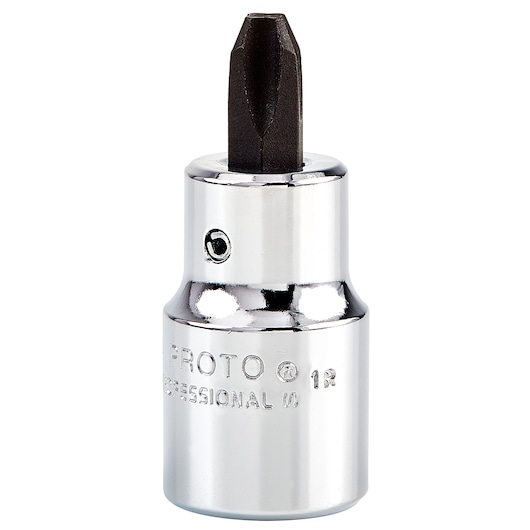 PROTO J5404 chrome socket bit with black Phillips tip, close-up on white background, tool photography.
