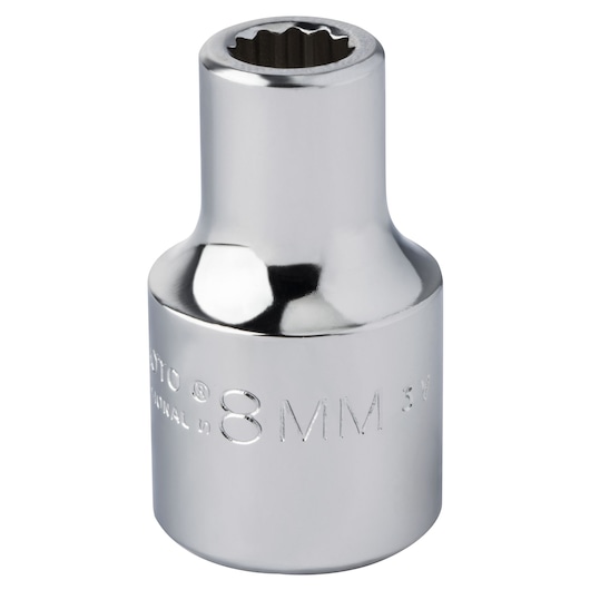 PROTO J5408M chrome 8mm socket, twelve-point design, front angle on white background.