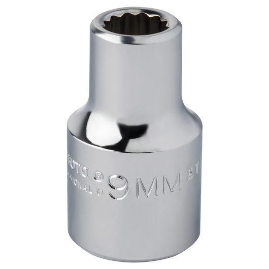 Photo of PROTO J5409M 9mm chrome socket, front angle, showing size marking and polished finish.