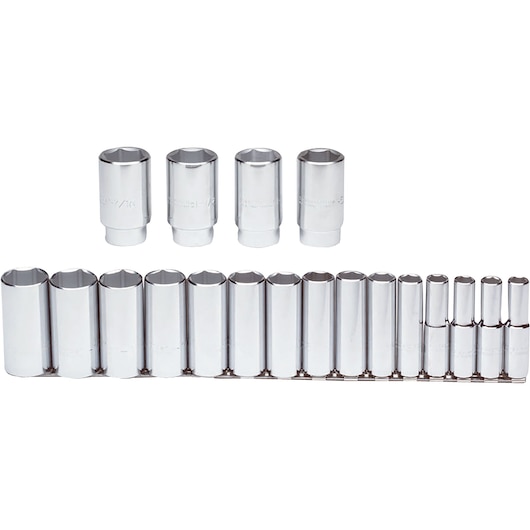 PROTO J54101 chrome socket set, 21-piece, arranged in two rows, front angle on white background.