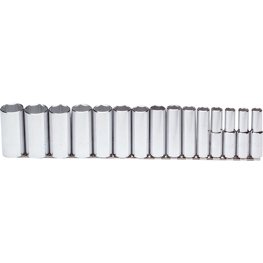 PROTO J54103 chrome socket set, 15 pieces, displayed in a row, front angle, on white background.