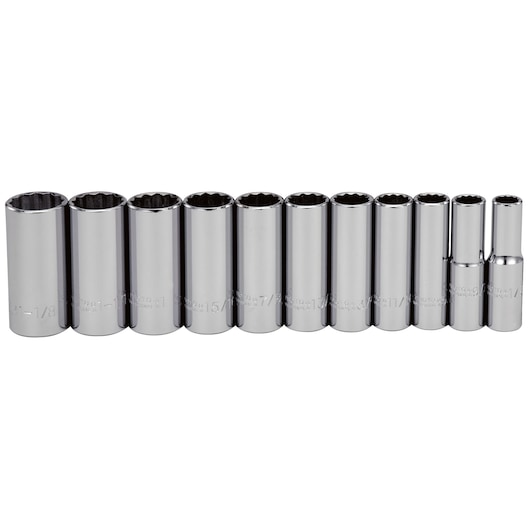 PROTO J54104 chrome socket set, 12-piece, standard length, shown in a row, front angle on white background.