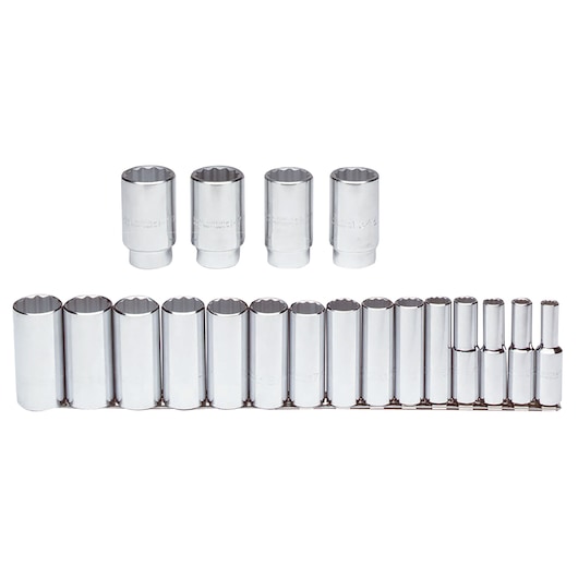 PROTO J54105 chrome socket set, 20-piece, deep and standard sockets, photographed on white background.