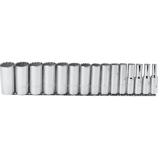 PROTO J54107 chrome socket set with 15 pieces arranged in a row, photographed on a white background.