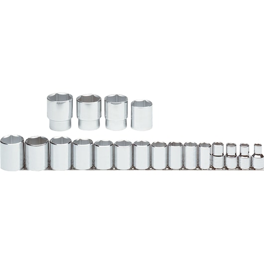 PROTO J54109 chrome socket set, 20-piece, standard and deep sockets, front angle on white background.