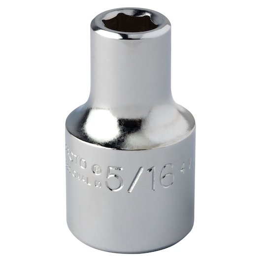 PROTO chrome socket J5410H, 5/16 inch, front angle, tool accessory on white background.