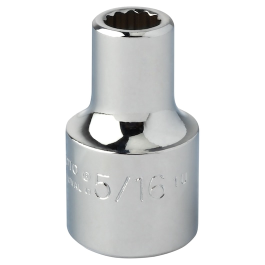 PROTO J5410 chrome socket, 5/16 inch size, six-point design, upright angle, white background.